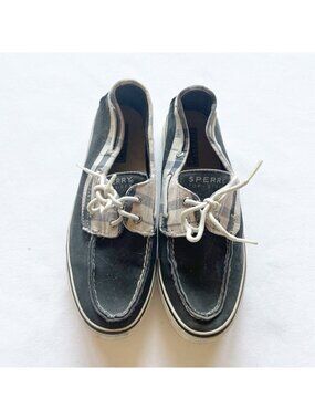 Sperry Top-Sider Black & Plaid Canvas Boat Shoes With White Laces Womens Size 8